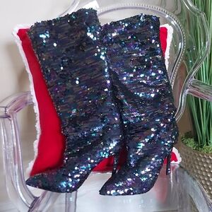 Sequin Heeled Boots - Black